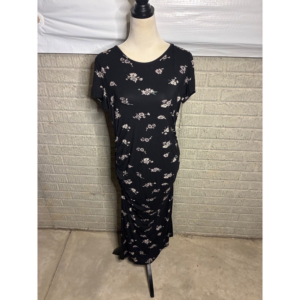 Smallshow‎ Black Floral Ruched Side Short Sleeve Maxi Dress Women's M